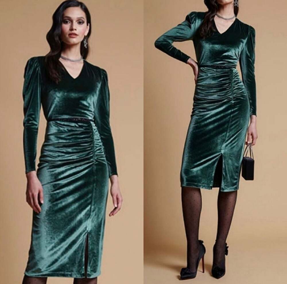 Rachel Parcell Velvet Ruched Puff Sleeve Midi Dress Green Mountain Medium